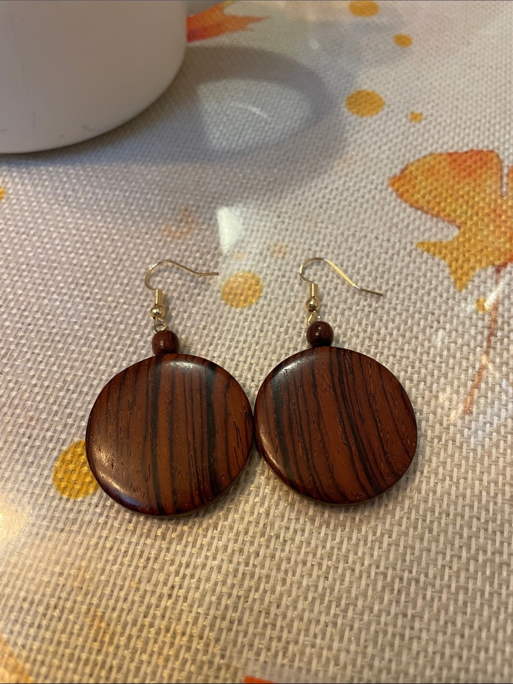 Handmade Brown Wood Disc Drop Earrings - Picture 2 of 3